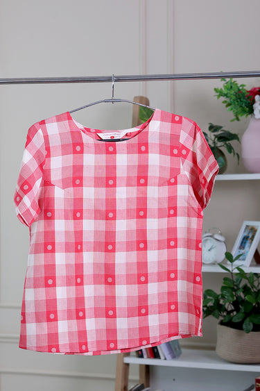 Bright Red Checks Dobby South Cotton Women Short Top