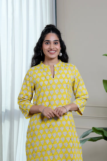 Bright Yellow Bagru Lite Cotton Flax Women Long Kurta