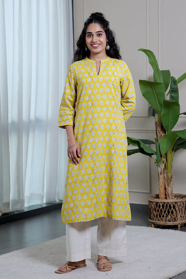 Bright Yellow Bagru Lite Cotton Flax Women Long Kurta