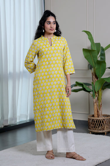 Bright Yellow Bagru Lite Cotton Flax Women Long Kurta