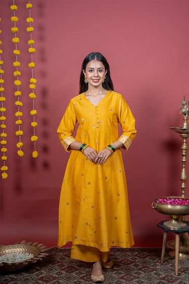 Bright Yellow Dyed Cotton Satin Women Flared Pant