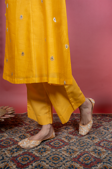Bright Yellow Dyed Cotton Satin Women Flared Pant