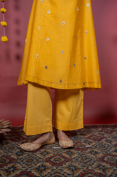 Bright Yellow Dyed Cotton Satin Women Flared Pant