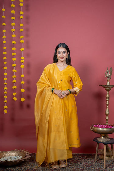 Bright Yellow Mina Buta Banarasi Silk Women Long Kurta