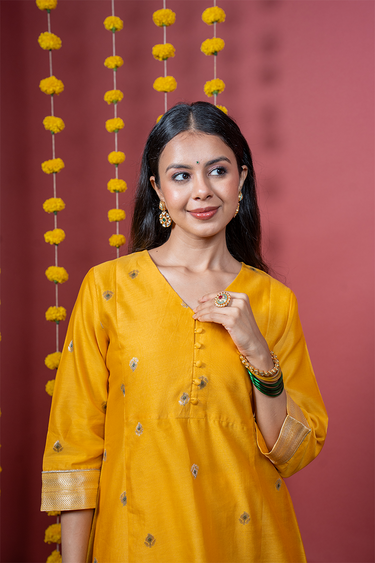 Bright Yellow Mina Buta Banarasi Silk Women Long Kurta