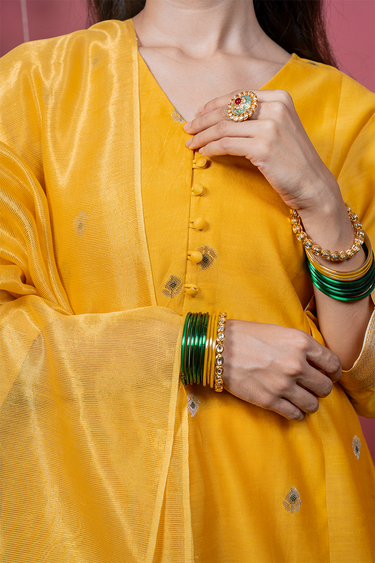 Bright Yellow Zari Stripes Chanderi Silk Dupatta