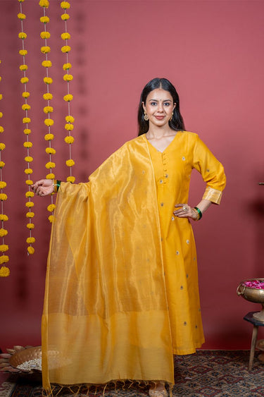 Bright Yellow Zari Stripes Chanderi Silk Dupatta