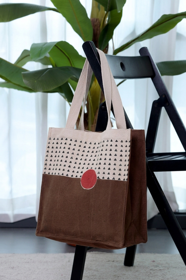 Brown Hand Block Print Duck Cotton Tote Bag