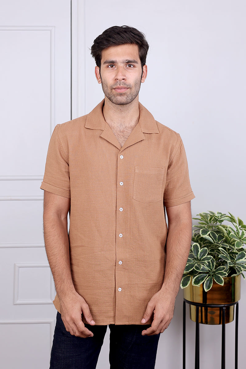 Brown Hand Dyed Cotton Double Cloth Shirt Half Sleeves MSHHS032420