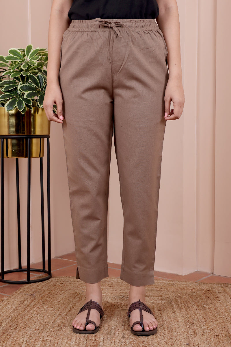Brown Hand Dyed Cotton Flax Women Ankle Pant WAKPT12234