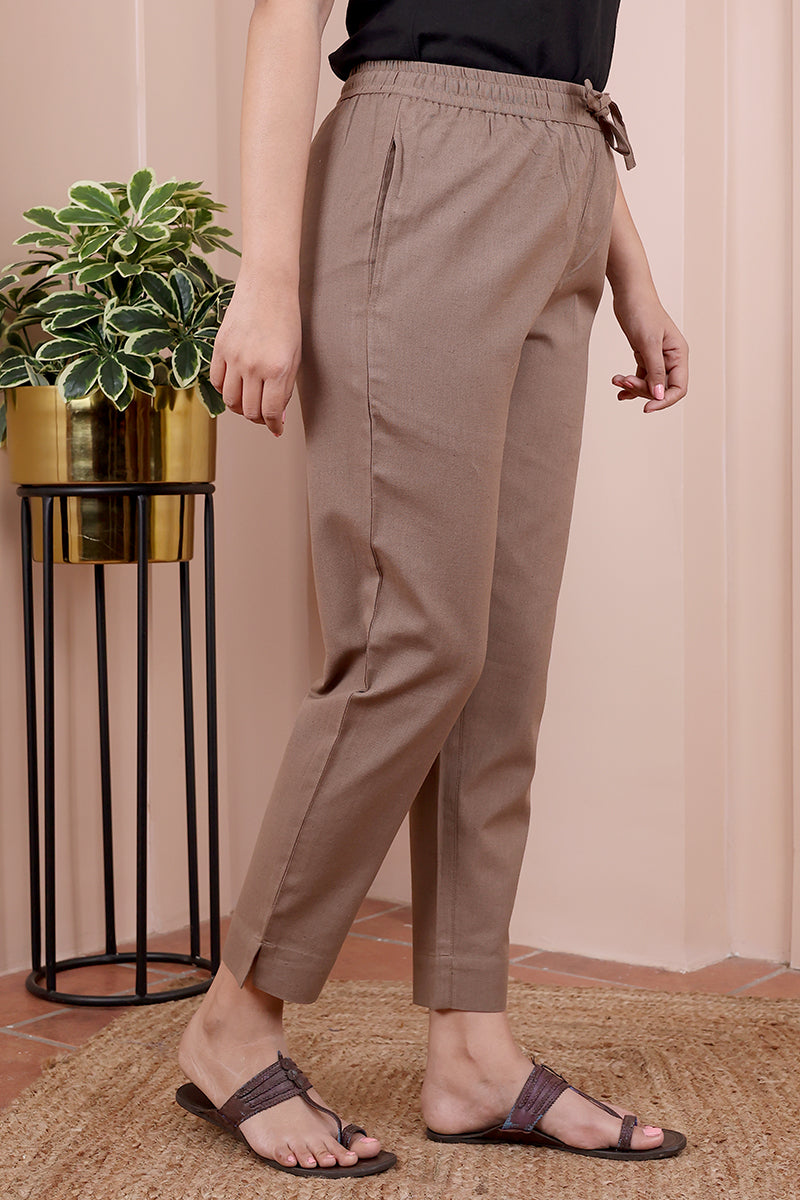 Brown Hand Dyed Cotton Flax Women Ankle Pant WAKPT12234