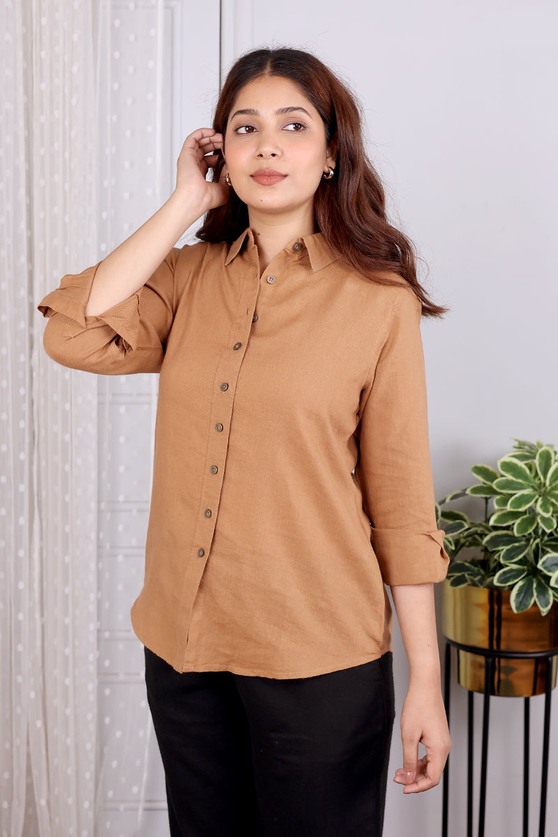 Brown Hand Dyed Lyocell Linen Women Shirt Long Sleeves WSHLS12232