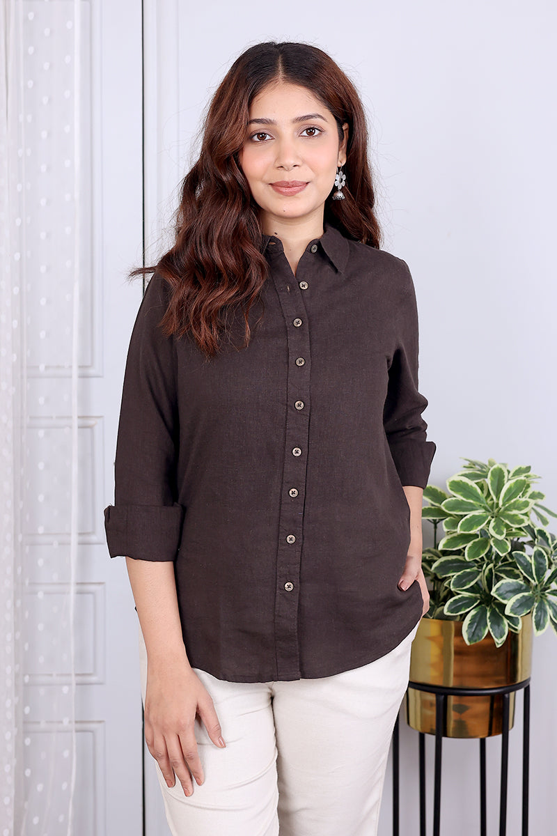 Brown Hand Dyed Lyocell Linen Women Shirt Long Sleeves WSHLS12234