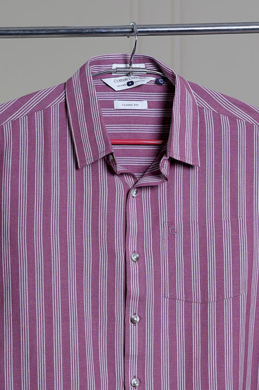 Burnt Burgundy Stripes South Cotton Flax Men Shirt
