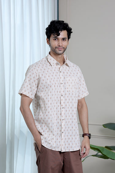 Burnt Orange Sanganeri Natural Cotton Linen Men Shirt
