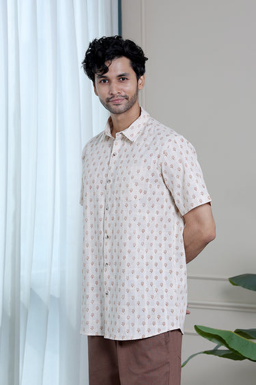 Burnt Orange Sanganeri Natural Cotton Linen Men Shirt