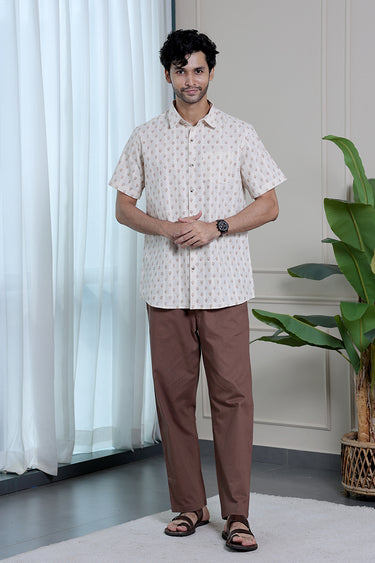 Burnt Orange Sanganeri Natural Cotton Linen Men Shirt