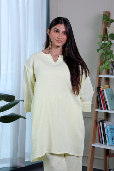 Butter Yellow Dyed Cotton Double Cloth Women Tunic
