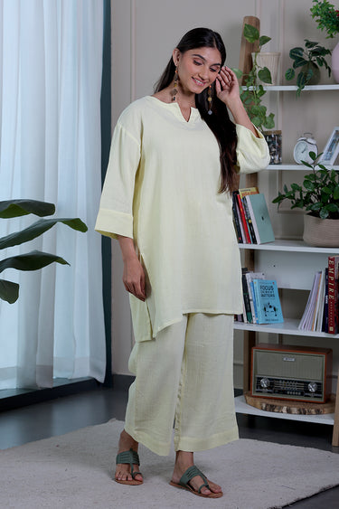 Butter Yellow Dyed Cotton Double Cloth Women Tunic