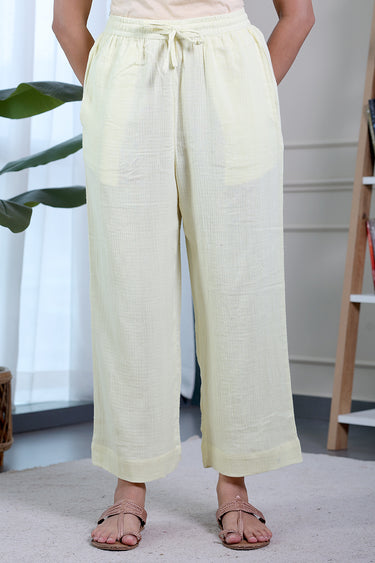 Butter Yellow Dyed Cotton Double Cloth Women Wide Leg Pant