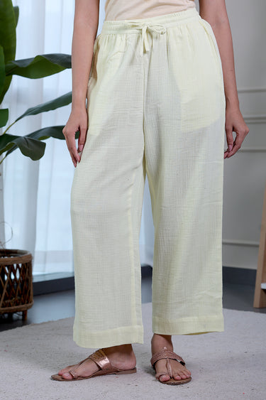 Butter Yellow Dyed Cotton Double Cloth Women Wide Leg Pant