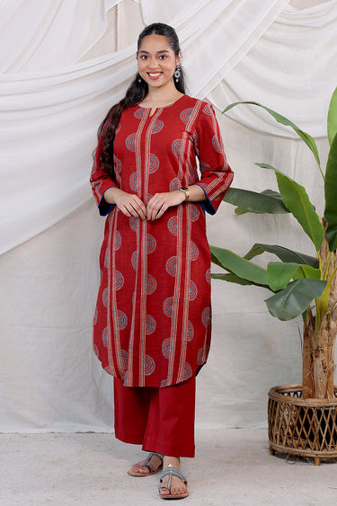 Rust Ajrakh Cotton Slub Women Long Kurta