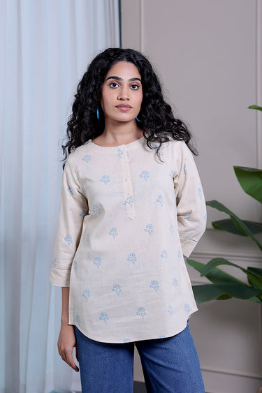 Chalk Beige Sanganeri Natural Cotton Linen Women Kurti