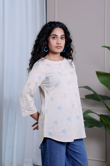 Chalk Beige Sanganeri Natural Cotton Linen Women Kurti