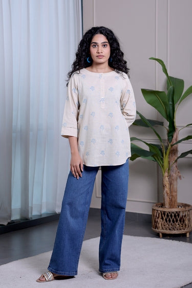 Chalk Beige Sanganeri Natural Cotton Linen Women Kurti