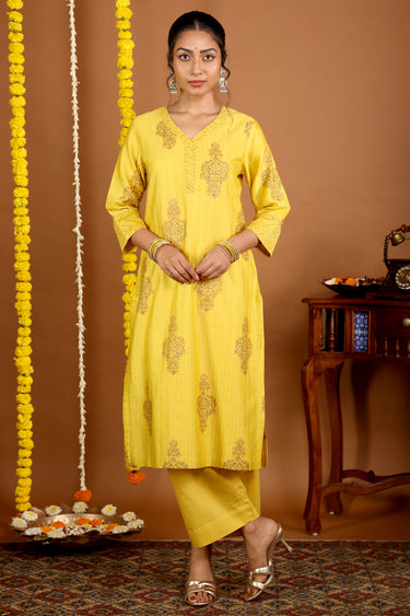 Citrus Gold Sanganeri Rib Chanderi Silk Women Long Kurta