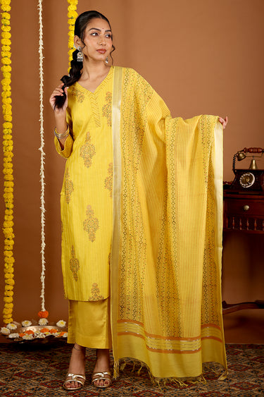 Citrus Gold Sanganeri Rib Chanderi Silk Women Long Kurta