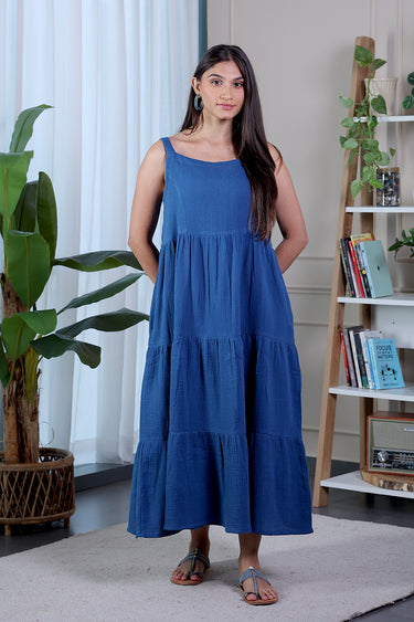 Classic Blue Dyed Cotton Double Cloth Women Maxi Dress
