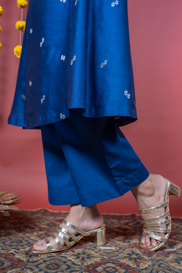 Classic Blue Dyed Cotton Satin Women Flared Pant