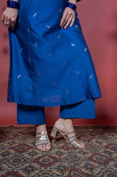 Classic Blue Dyed Cotton Satin Women Flared Pant