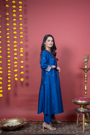 Classic Blue Jaquard Banarasi Silk Women Long Kurta