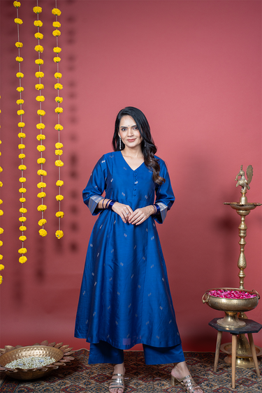 Classic Blue Jaquard Banarasi Silk Women Long Kurta