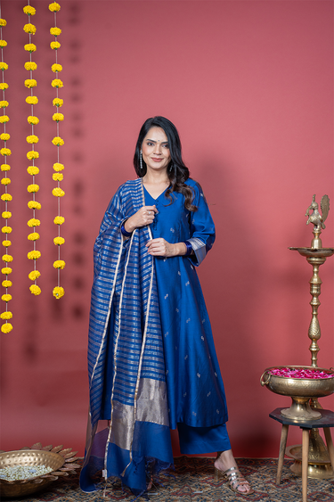 Classic Blue Zari Stripes Chanderi Silk Dupatta