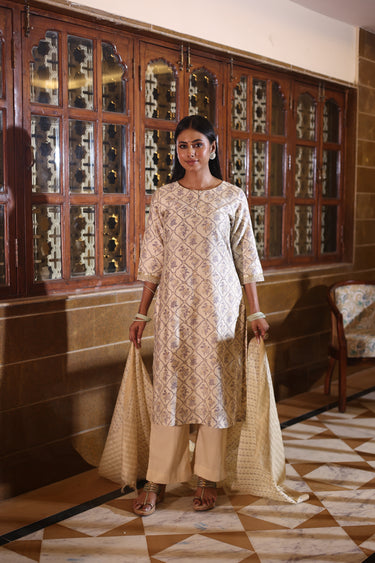 Beige Sanganeri Chanderi Silk Dupatta DUPAT252C33