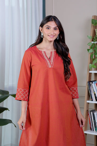 Coral Hand Embroidery South Cotton Women Long Kurta