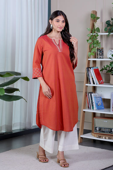 Coral Hand Embroidery South Cotton Women Long Kurta