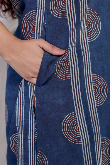 Indigo Ajrakh Cotton Slub Women Long Kurta