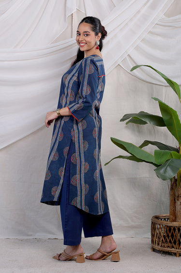 Indigo Ajrakh Cotton Slub Women Long Kurta