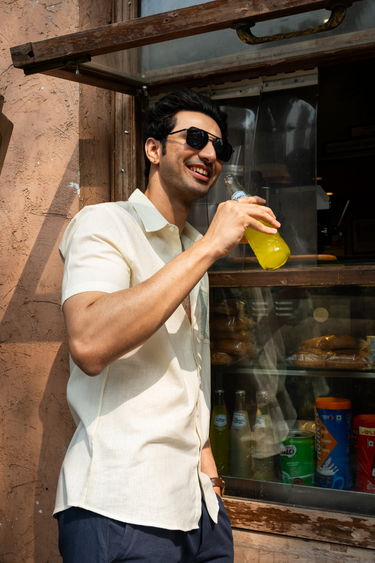 Ecru Hand Embroidery Natural Cotton Linen Men Shirt