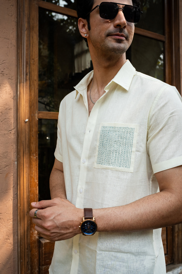 Ecru Hand Embroidery Natural Cotton Linen Men Shirt