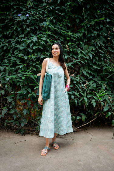 Blue Sanganeri Lite Cotton Flax Women Maxi Dress Sleeveless WMDSL12254