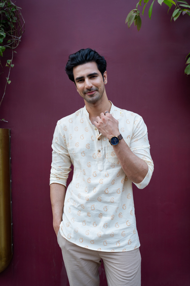 Burnt Orange Sanganeri Cotton Seer Sucker Men Short Kurta Full Sleeves MSKFS253C18