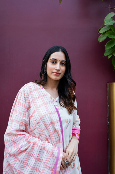 Pink Sanganeri Cotton Dooby Women Long Kurta Long Sleeves WLKLS01268