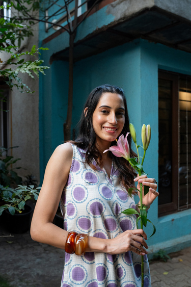 Purple Blue Sanganeri Cotton Dobby Women Midi Dress Sleeveless WDRSL01266