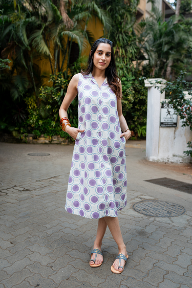 Purple Blue Sanganeri Cotton Dobby Women Midi Dress Sleeveless WDRSL01266