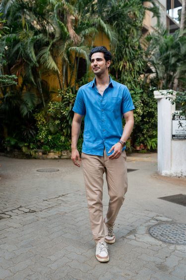 Deep Blue Dobby Stripes Natural Cotton Linen Men Shirt Half Sleeves MSHHS12259